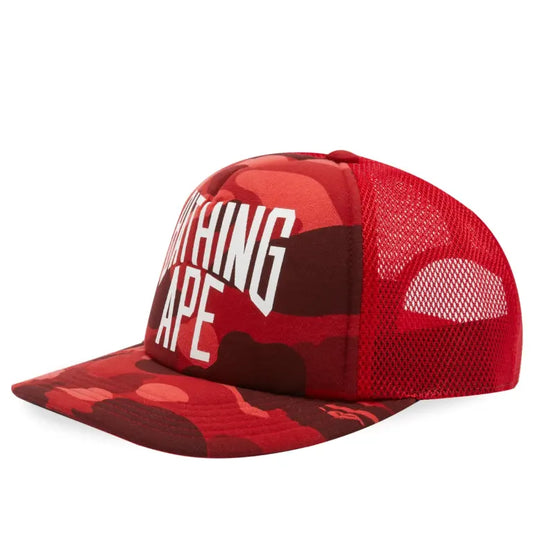 A Bathing Ape Camo NYC Logo Mesh Cap Red